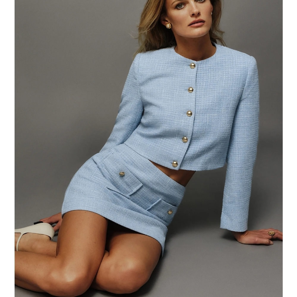 Reformation Trista Light Blue Tweed Jacket Cropped